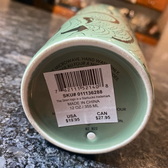 Starbucks 2022 Silver Green Swirl  12oz Tumbler Ceramic Purple Lid - Picture 3 of 5